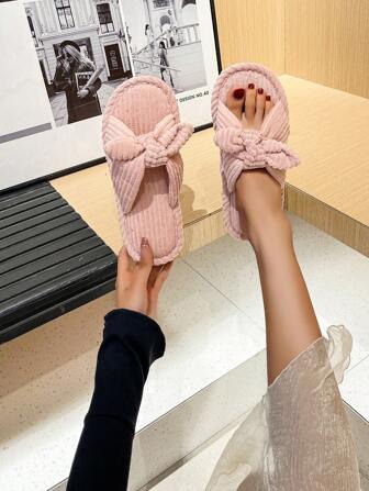 Mules à nœud papillon croisé pour femmes, automne/hiver, chaussons unisexes pour couple à l'intérieur, toutes saisons