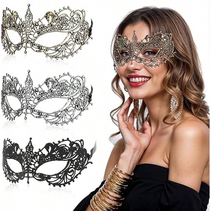 Maska maskaradowa dla dorosłych, 3 szt., elegancka koronkowa maska na oczy dla par, maski na bal maskowy w stylu vintage, koronkowa ozdoba na głowę dla kobiet i mężczyzn, przebranie na bal, bale, imprezy weneckie (czarno-złoto-srebrne)
