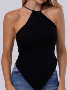 Women's Plain Halter Neck Knit Scarf-Style Crop Top With Tie Back And V-Neck Knitwear - màu đen - Xem 2