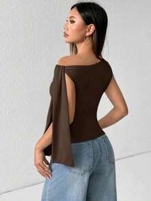 Elegant Suplex T-Shirt Top With Asymmetrical Shoulders And Straps, Ideal For Daily Use, Outings, Nightclubs, Parties, Halloween Costumes - 咖啡棕 - 查看 5
