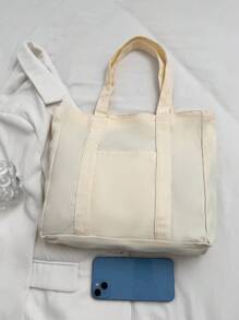 女士纯色帆布手提包，容量大，时尚，适合上学、休闲、旅行、街头风格、极简主义