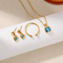 Bộ 3 món mạ đồng tối giản đính đá Cubic Zirconia và ngọc lục bảo giả. Dây chuyền, nhẫn hở và bông tai. - bộ đồ - Xem 4