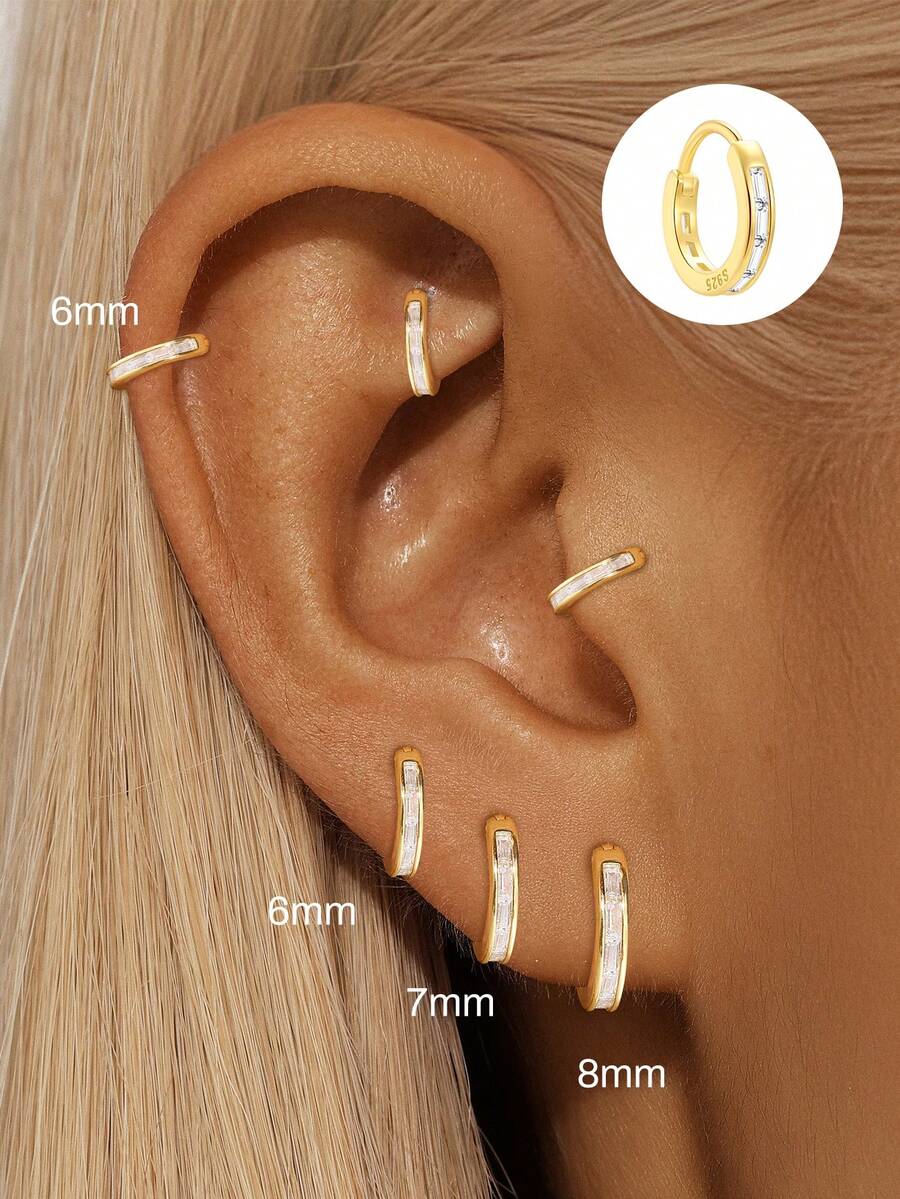 EleRunis 1 PC 925 Sterling Silver Classic Cubic Zirconia 6mm-8mm Huggie Hoop Earrings 18K Gold Plated Hypoallergenic Tiny Cartilage Huggie Earring Piercing Jewelry For Women Daily Wear - Gold - View 1