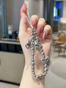 1pc Silver Acrylic Bow Heart Shaped Phone Lanyard, Suitable As Gift For Mother, Family, Friends, Birthday, Festival, Phone Charm, Phone Strap - Silver - View 1