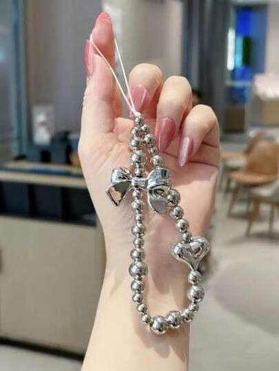 1pc Silver Acrylic Bow Heart Shaped Phone Lanyard, Suitable As Gift For Mother, Family, Friends, Birthday, Festival, Phone Charm, Phone Strap