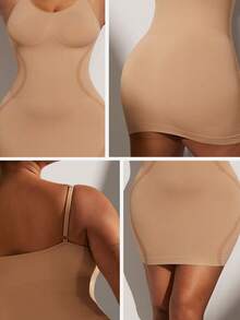 1件装加大码女士束腰连衣裙，无缝胸部和腰部系带连衣裙，加大码女士塑身裙连体裤，夏季 - 卡其色 - 查看 9