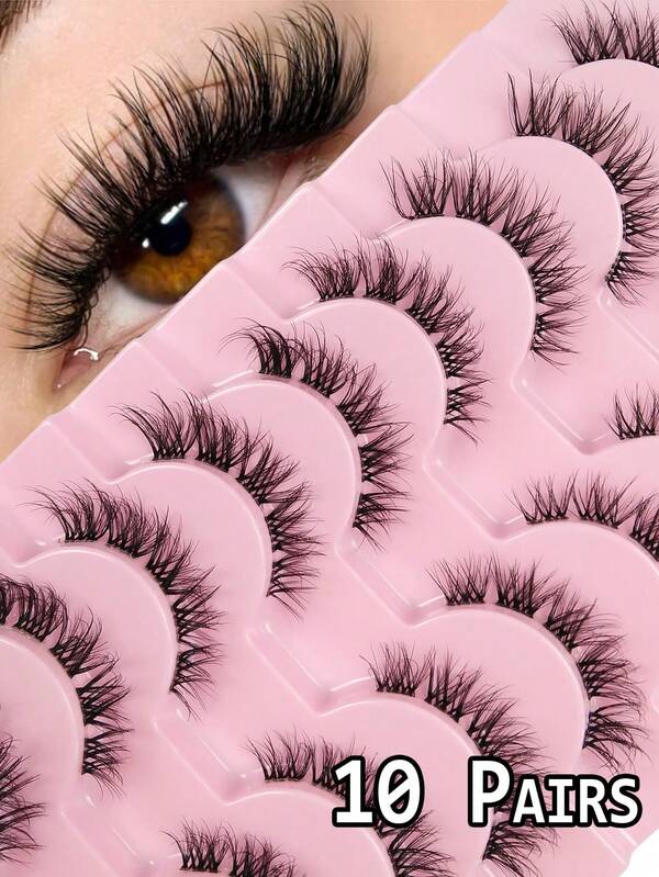 10 Pairs Natural Look Lashes Crossed Faux Mink Eyelashes Wispy False Eyelashes Lightweight Soft Full Strip Eyelashes Clear Band Cat Eyelashes Natural Messy Winged Effect Reusable Faux Mink Eyelashes For Makeup
