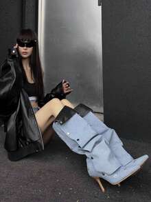 女款鈕扣拼接 2 合 1 可拆卸抓皺高跟時尚靴，尖頭細高跟長靴 - 藍色 - View 5