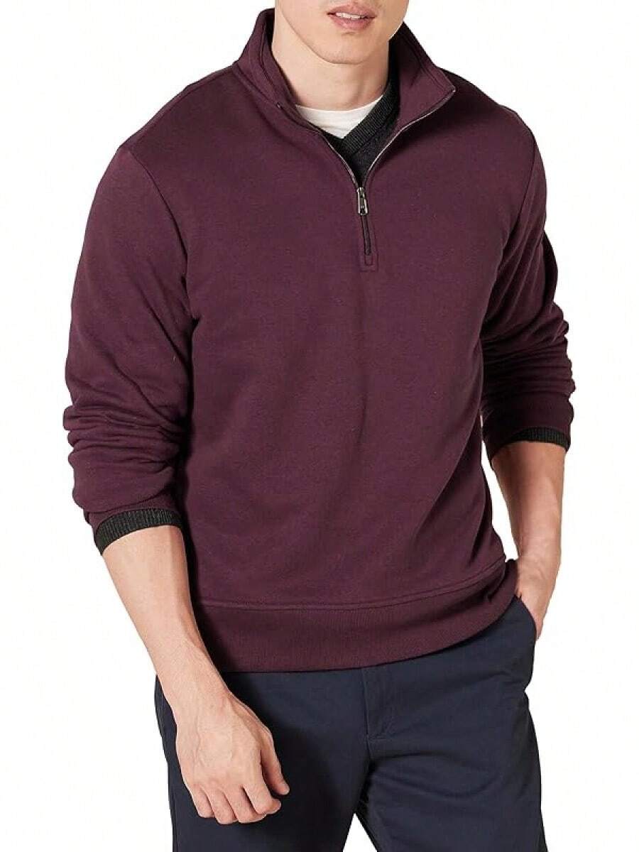 Men's Long-Sleeve Quarter-Zip Pullover Fleece Sweatshirt, Style - 酒紅色 - 查看 1