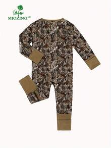 MIOZING Camouflage Print Baby Romper, Brown Trim Bamboo Zipper Jumpsuit, Long Sleeve Outfit, Autumn Winter Daily Wear&Photo Outfit For Baby Boys/Girls - 棕色 - 查看 6