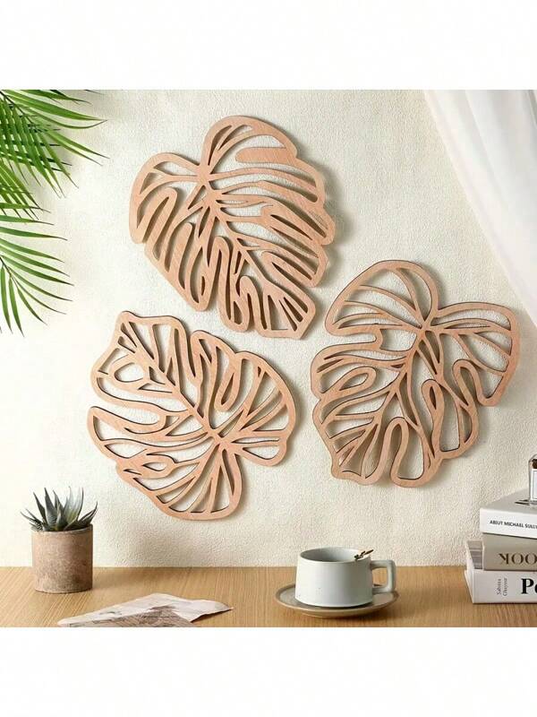 Set de 3 decoraciones de pared tropicales, cartel de madera con hojas de palma rural para el baño, cartel de madera colgante con plantas de hojas retro, arte de pared con imágenes naturales adecuadas para la decoración del hogar, oficina y sala de estar