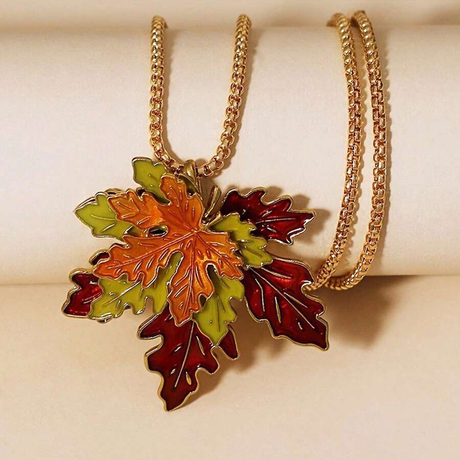 1pc Vintage Maple Leaf Enamel 3D Necklace, Fashionable And Versatile Sweater Chain