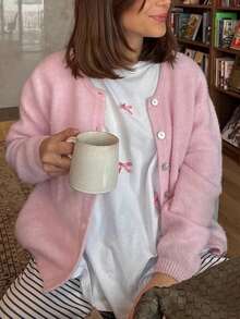 春秋新款百搭单排扣短款粉色开衫 - 女士休闲纯色圆领长袖单排扣短款开衫 百搭必备，轻松打造造型，适合日常休闲穿着，非常适合约会和通勤 - 粉色 - 查看 3