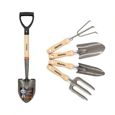 Pala cajuelera redonda, puño "D" mango de madera + Juego de 4 herramientas, mangos de 6" para jardín JJ-4+TR-BY