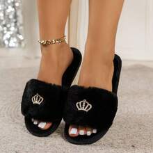 Premium Fashion Crown Decor Plush Slippers, Soft & Comfortable For Women, Suitable For Living Room And Bedroom, All Season
