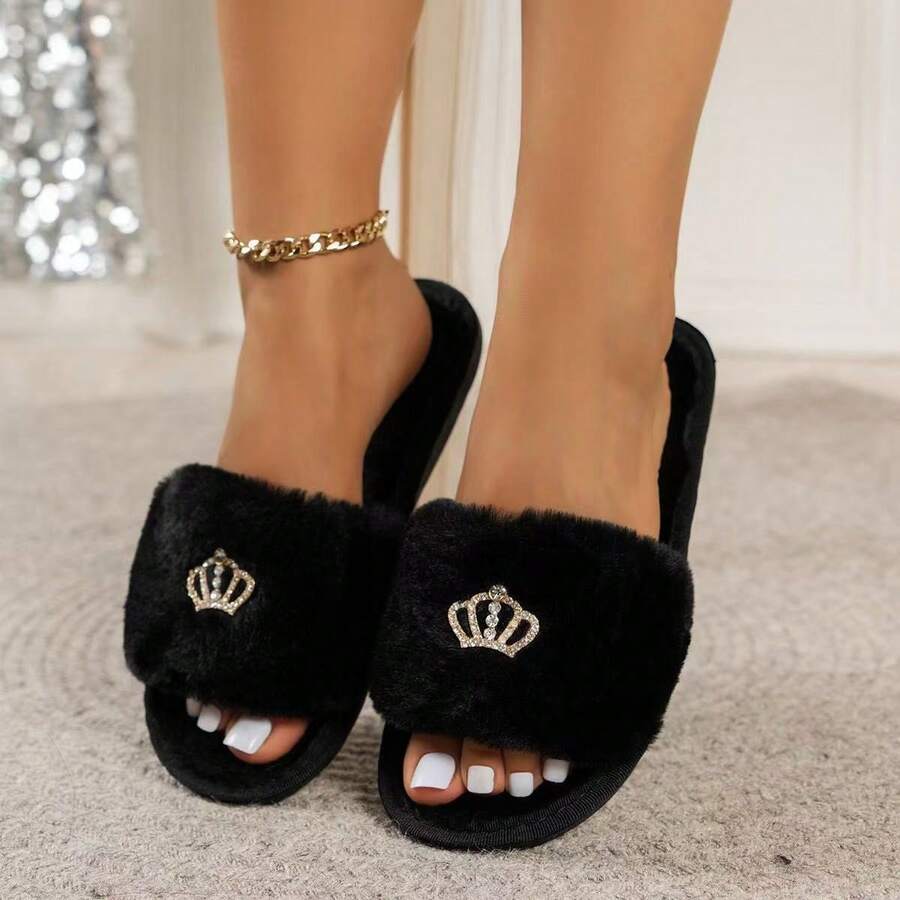Premium Fashion Crown Decor Plush Slippers, Soft & Comfortable For Women, Suitable For Living Room And Bedroom, All Season