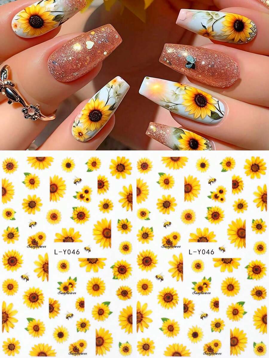 2 件向日葵蜜蜂指甲贴纸昆虫 Y2K 指甲黄棕色指甲盛开的花朵指甲滑块美甲用品配件女士指甲 DIY 装饰 - 彩色 - 查看 1