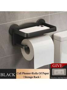 Plastic Bathroom Toilet Paper Towel Tissue Box, Wall Mounted Dispenser Holder & Mobile Phone Storage Rack, Black/White/Gray Adhesive Carbon Steel Paper Holder With Shelf, Wall Hanging Bathroom Tissue Dispenser, No Drilling Required Toilet Paper Holder,Stainless Steel Paper Towels Holder,Adhesive Roll Paper Stand,Toilet Paper Dispenser, Bathroom Accessories, Room Decor
