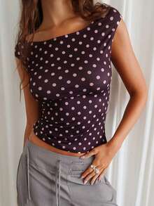 Women Y2K Off Shoulder T-Shirt Short Sleeve Boat Neck Polka Dot Slim Fit Crop Top Summer Baby Tee Going Out Tops Streetwear - 棕色 - 查看 5