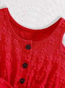 Pelele de bebé niña con cuello redondo, sin mangas, decorado con lazo, diseño de botones y abertura media, en unicolor, adecuado para el hogar, uso diario y salidas, primavera/verano