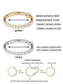 1pc Elegant 18K Gold Plated Stainless Steel Zirconia Inlaid Nose Ring, Hinged Closure Cartilage Spiral Earring Lip Ring, Body Piercing Jewelry, Inner Diameter Options: 6mm/8mm/10mm/12mm, Diameter: 16G/1.2mm/18G/1.0mm