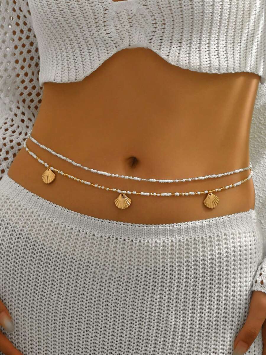2pcs/Set Double Layer Simple Rice Pearl Beaded Handmade Waist Chain, Versatile & Elegant Body Chain For Women, Suitable For Daily Wear, Beach, Party - Multicolor - View 1