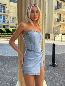 Siren Gaze 女式休闲水洗抹胸牛仔连体衣 - 藍色 - 查看 7