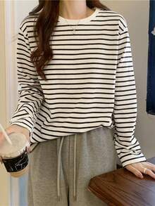 Women's Loose Casual Striped Round Neck Drop Shoulder Long Sleeve T-Shirt