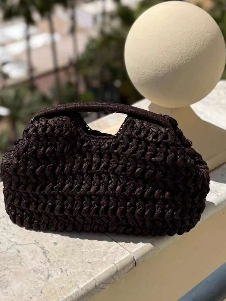 Bolso de mano de fibra natural marrón, bolso de playa hecho a mano de rafia tejida, nuevo para mujeres 2025 - Café - Ver 1
