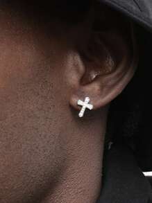 CVNANA 2pcs Hip Hop Style Men's Square Diamond Stud Earrings With Geometric Design - Silver - View 9