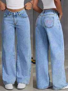 Mobula Sound#Versatile Fashion Casual Elegant Cute Pants For Spring/Summer, Suitable For Holiday, Daily, Birthday, Party, Formal Evening, Back To School, Singles Party, Travel, Stage And Concert, Tea Party, Airport, Made Of Denim, With Embroidery And Bow Design