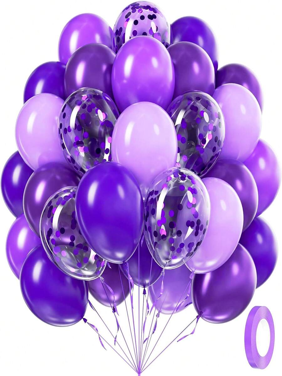 62pcs 12-Inch Purple Balloons With Metallic Soft Purple Confetti Balloons, Latex Balloon Set For Purple Birthday, Wedding, Baby Shower, Party Decorations - No Electricity Needed, Suitable For All Seasons And Father's/Mother's Day Parties