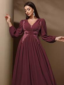 Vestido feminino com decote em V, manga comprida, cintura justa, verão - Borgonha - Ver 6