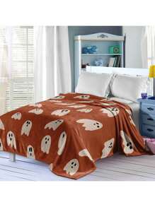 Kürbisfarben-weißer Geist Halloween Muster Decke - gestrickter Polyester Fleece, moderne digitale Bedruckung, Cartoon Thema, ganzjährig komfortable Heim Dekoration Tagesdecke, maschinenwaschbar