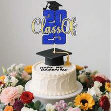 Glitter Class Of 2025 Cake Topper, Congrats Grad 2025/Congrats Class Of 2025/Congratulations, 2025 Graduation Party Decorations Supplies - Dark Blue Gold - 查看 6