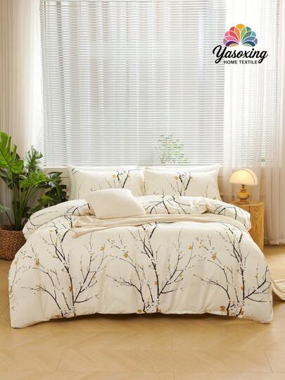 3 st/set beige plommonblomsgren blommönster påslakanset lättskött mikrofiber mjukt sängkläderset mjukt andningsbart skrynkelfritt bättre för sömn, lyxig hotellstil, present till mamma pappa vän, täcke täcke påslakan*1 örngott*2 king size queen size dubbelsäng sovsal sängkläder rygg skolsängkläder