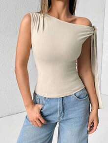 Elegant Suplex T-Shirt Top With Asymmetrical Shoulders And Straps, Ideal For Daily Use, Outings, Nightclubs, Parties, Halloween Costumes - 米色 - 查看 3