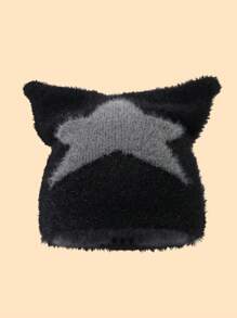 1pc Men's New Cute Street-Style Pentagram Embroidery Fluffy Cat Ear Knitted Beanie Hat, Warm Ear Protection, Autumn