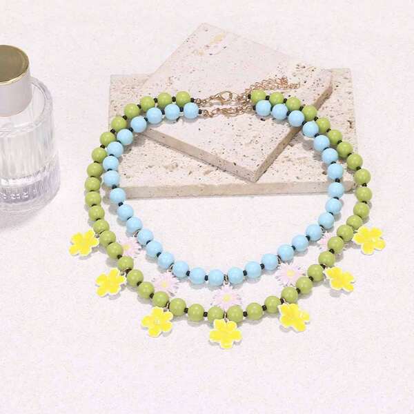 1pc Summer Layered Beaded Flower Pendant Necklace, Bohemian Style Jewelry