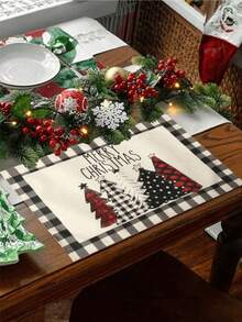1pc Linen Merry Christmas Table Runner, Black & White Plaid Christmas Tree Pattern Table, Holiday Tabletop Decor Fabric For Winter Home Decor And Festive Celebration, Holiday Party, Christmas Party, Halloween Decoration, Holiday Decoration, Festive Decoration, Party Favor, Fun Christmas Party Decor, Christmas Holiday, Happy New Year, Christmas Decoration, Perfect Christmas Gift For Friends Christmas Decorations Home Christmas Gifts Christmas Decor