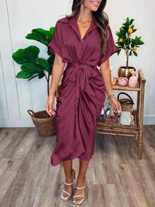 Women's Satin SIlky Button Down Ruched Shirt Dresses Short Sleeve Lapel V-Neck Belted Dress Elegant Spring Summer Wedding Evening Valentine Long Midi Dress - 紫紅色 - 查看 3
