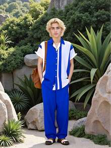 2 Piece Men's Geometric Print Short-Sleeved Shirt Clear Color Drawstring Pants Set Breathable Short-Sleeved Shirt And Drawstring Shorts Set Home Party Style, Perfect For Summer Outdoor And Casual Wear - Comfortable Fit Complete Two-Piece Men's Outfit - Màu xanh lam - Xem 3