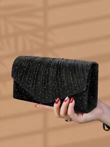 REMANLAND 1个优雅褶皱亮面女士手提包，时尚魅力女士晚宴钱包，信封式手拿包，带隐藏式卡槽和隔层，配有可拆卸金属链的单肩包，适合派对女孩、新娘，节日最佳礼物 - 黑色 - 查看 4