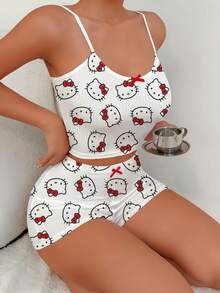 SANRIO Hello Kitty 女士睡衣套装（2 件套），春夏家居服套装，短裤 + 吊带背心，女士夏季服装，Hello Kitty 睡衣套装，包含上衣和短裤，2 件套，吊带背心套装 - 白色 - 查看 1