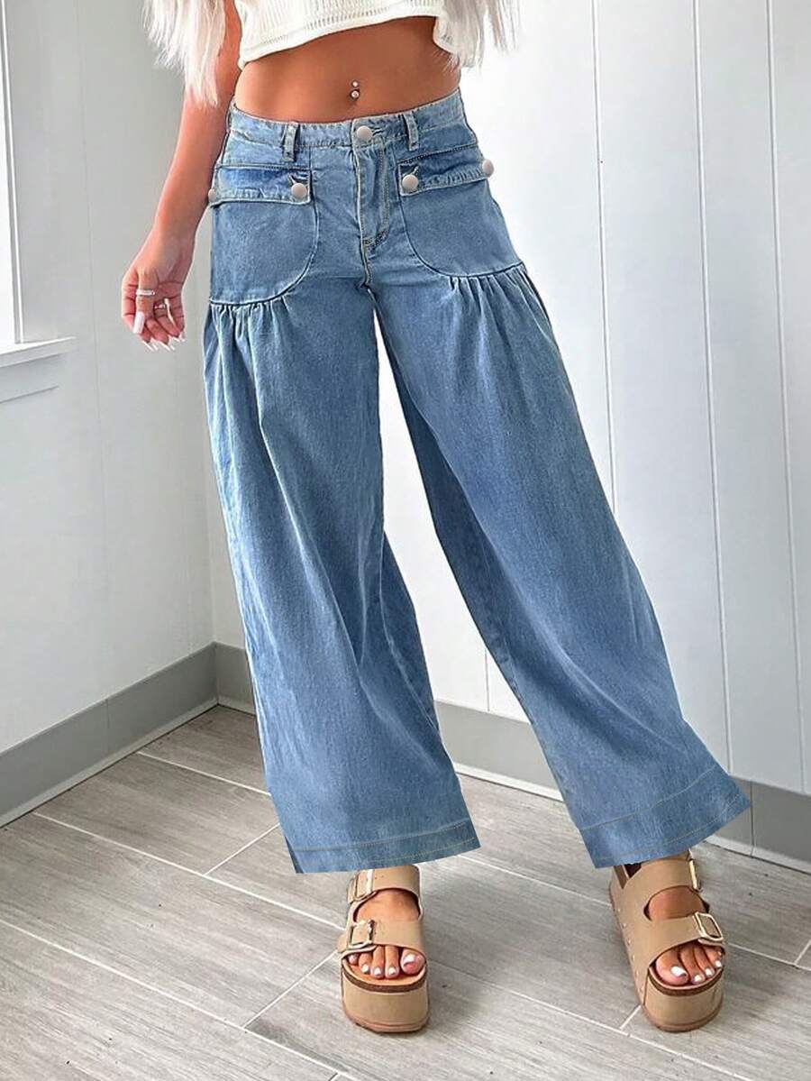 Quần ống đứng dáng rộng, dáng suông, chất liệu denim, cá tính, thời trang, đi làm hàng ngày, thiết kế túi trước sành điệu cho nữ - Rửa trung bình - Xem 1