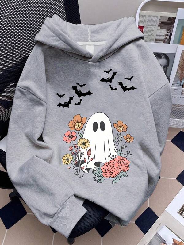 Teen Girl Ghost, Bat, Floral Pattern Letter Prints, Casual Style, Hooded Sweatshirt, Can Be Worn In Spring And Autumn, Shopping, School, Travel, Party Wear Halloween Kids Halloween Costumes