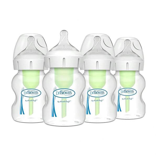 Dr. Brown's Natural Flow Anti-Colic Options+ Wide-Neck Baby Bottles 5 Oz/150 ML,With Level 1 Slow Flow Nipple,4 Pack,0m+