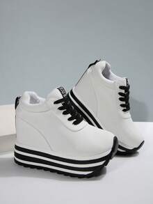 Fall/Winter Women's Platform Sneakers, Casual Lace-Up Elevator Skate Shoes, Versatile & Fashionable - White - View 2
