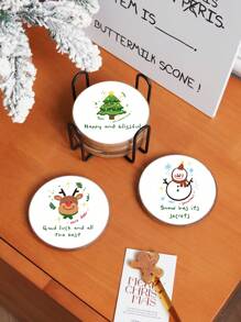 Set de 6 suporturi de pahare din lemn de Crăciun cu suport metalic, elegante de înaltă calitate cu Moș Crăciun, ren, om de turtă dulce, om de zăpadă, suporturi de pahare din lemn pentru brad de Crăciun, potrivite pentru decorul casei, măsuța de cafea din sufragerie, ceaiul de după-amiază, cafenea, restaurant, cadou