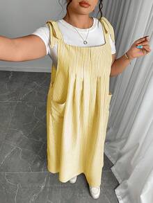 Plus Size Women Striped Dual Pocket Casual Loose Strap Dress Maxi Women Outfit - Yellow - View 6